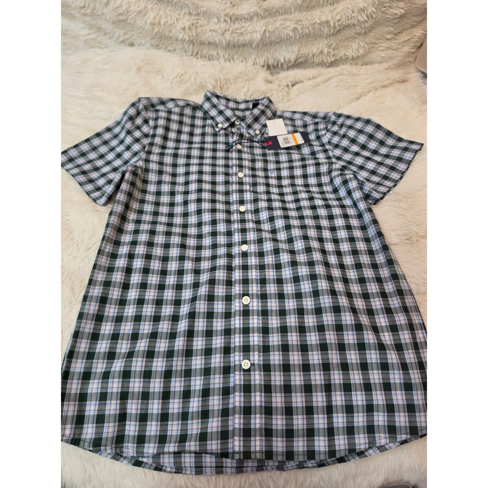 NWT IZOD Premium Essential Short Sleeve Plaid Button Down Shirt - Pine Grove S